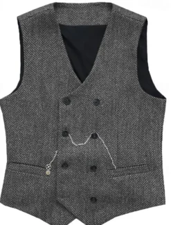 Men's Vest Waistcoat Gilet Vacation Daily Wedding Party Date Fashion Casual Spring Fall Buttons Pocket Polyester Comfortable Plain Double Breasted V Neck Regular Fit Silver Black Red Burgundy Vest