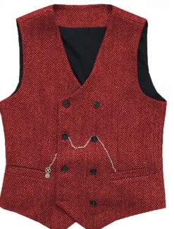 Men's Vest Waistcoat Gilet Vacation Daily Wedding Party Date Fashion Casual Spring Fall Buttons Pocket Polyester Comfortable Plain Double Breasted V Neck Regular Fit Silver Black Red Burgundy Vest