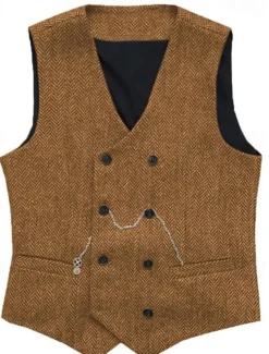 Men's Vest Waistcoat Gilet Vacation Daily Wedding Party Date Fashion Casual Spring Fall Buttons Pocket Polyester Comfortable Plain Double Breasted V Neck Regular Fit Silver Black Red Burgundy Vest