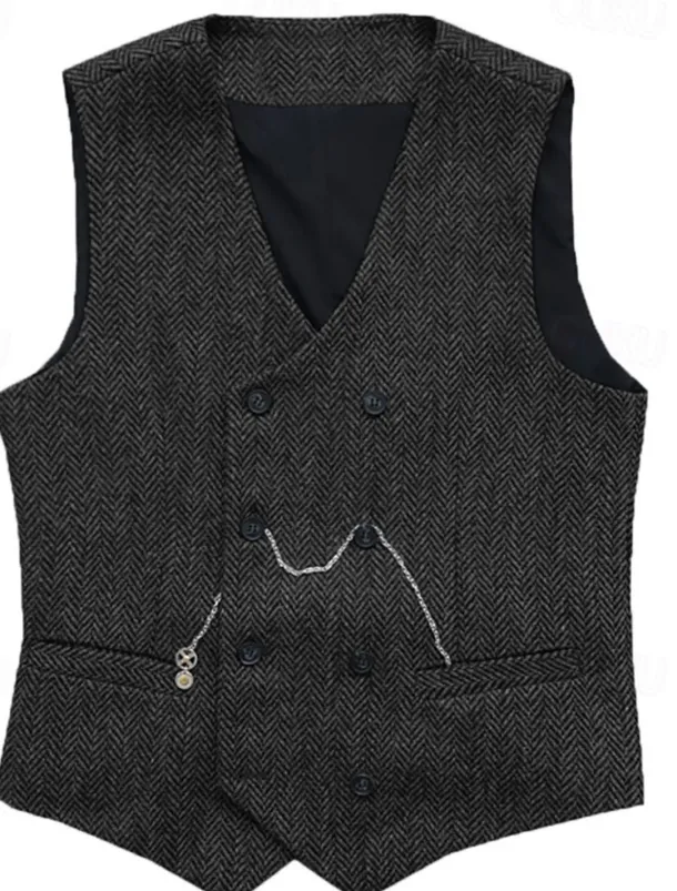 Men's Vest Waistcoat Gilet Vacation Daily Wedding Party Date Fashion Casual Spring Fall Buttons Pocket Polyester Comfortable Plain Double Breasted V Neck Regular Fit Silver Black Red Burgundy Vest