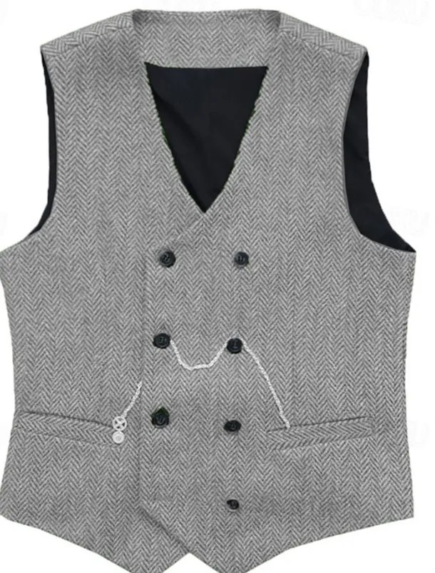 Men's Vest Waistcoat Gilet Vacation Daily Wedding Party Date Fashion Casual Spring Fall Buttons Pocket Polyester Comfortable Plain Double Breasted V Neck Regular Fit Silver Black Red Burgundy Vest