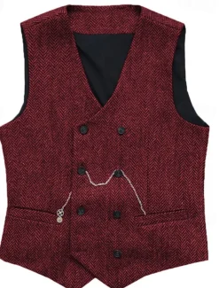 Men's Vest Waistcoat Gilet Vacation Daily Wedding Party Date Fashion Casual Spring Fall Buttons Pocket Polyester Comfortable Plain Double Breasted V Neck Regular Fit Silver Black Red Burgundy Vest