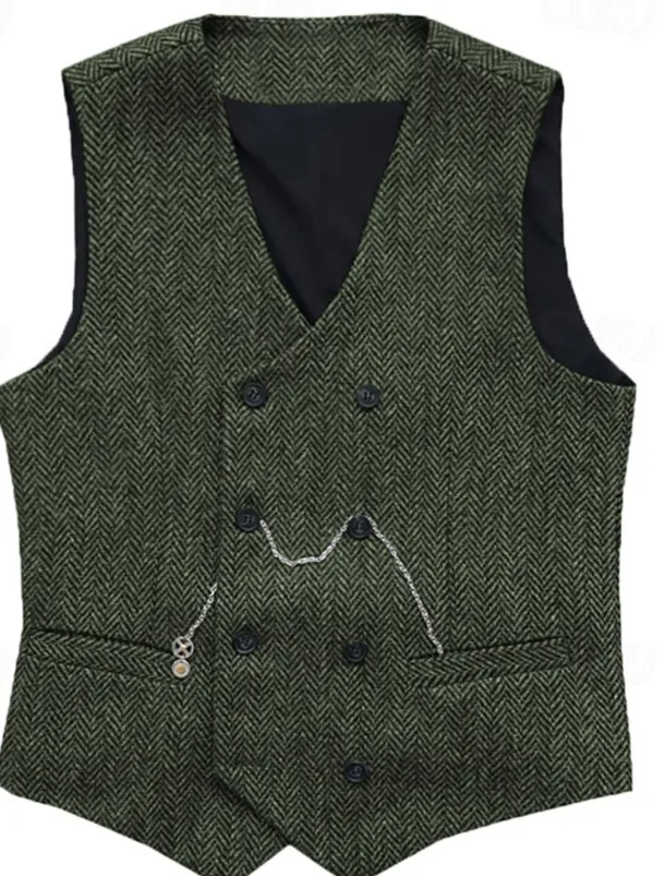 Men's Vest Waistcoat Gilet Vacation Daily Wedding Party Date Fashion Casual Spring Fall Buttons Pocket Polyester Comfortable Plain Double Breasted V Neck Regular Fit Silver Black Red Burgundy Vest