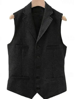 Men's Vest Waistcoat Gilet Vacation Daily Wedding Party Date Fashion Casual Spring Fall Buttons Pocket Polyester Comfortable Plain Single Breasted One-button Lapel Regular Fit Black Navy Blue Dark