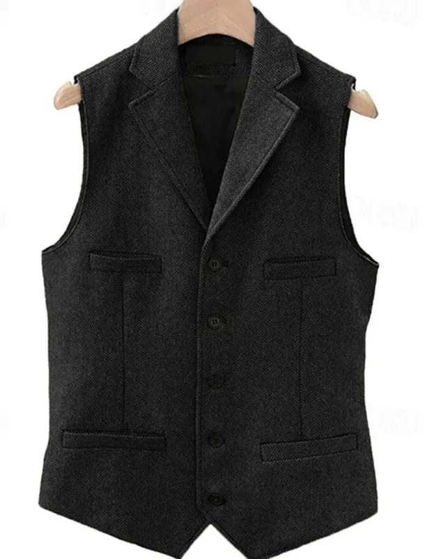 Men's Vest Waistcoat Gilet Vacation Daily Wedding Party Date Fashion Casual Spring Fall Buttons Pocket Polyester Comfortable Plain Single Breasted One-button Lapel Regular Fit Black Navy Blue Dark
