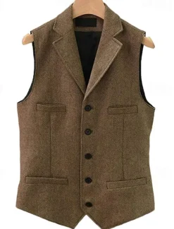Men's Vest Waistcoat Gilet Vacation Daily Wedding Party Date Fashion Casual Spring Fall Buttons Pocket Polyester Comfortable Plain Single Breasted One-button Lapel Regular Fit Black Navy Blue Dark