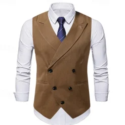 Men's Vest Waistcoat Gilet Vacation Party Business Fashion Casual Summer Spring Buttons Pocket Polyester Comfortable Plain Double Breasted Lapel Regular Fit Black Beige Coffee Vest