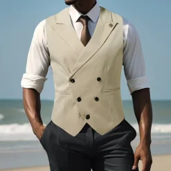 Men's Vest Waistcoat Gilet Vacation Party Business Fashion Casual Summer Spring Buttons Pocket Polyester Comfortable Plain Double Breasted Lapel Regular Fit Black Beige Coffee Vest