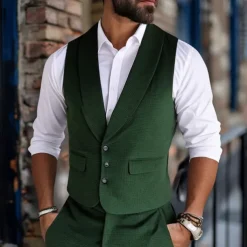 Men's Vest Waistcoat Gilet Vacation Party Business Fashion Casual Summer Spring Buttons Pocket Polyester Comfortable Plain Single Breasted Lapel Regular Fit Dark Green Vest