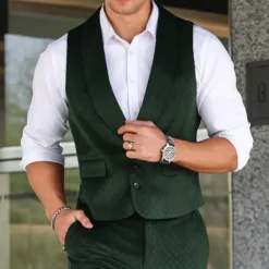 Men's Vest Waistcoat Gilet Vacation Party Business Fashion Casual Summer Spring Buttons Pocket Polyester Comfortable Plain Single Breasted Lapel Regular Fit Dark Green Vest