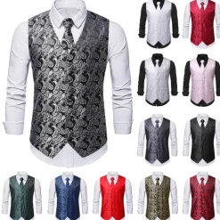 Men's Vest Waistcoat Gilet Wedding Office & Career Daily Wear Party / Cocktail Business Modern Contemporary Spring Fall Embroidered Pocket Print Button-Down Polyester Soft Outdoor Comfortable Flower