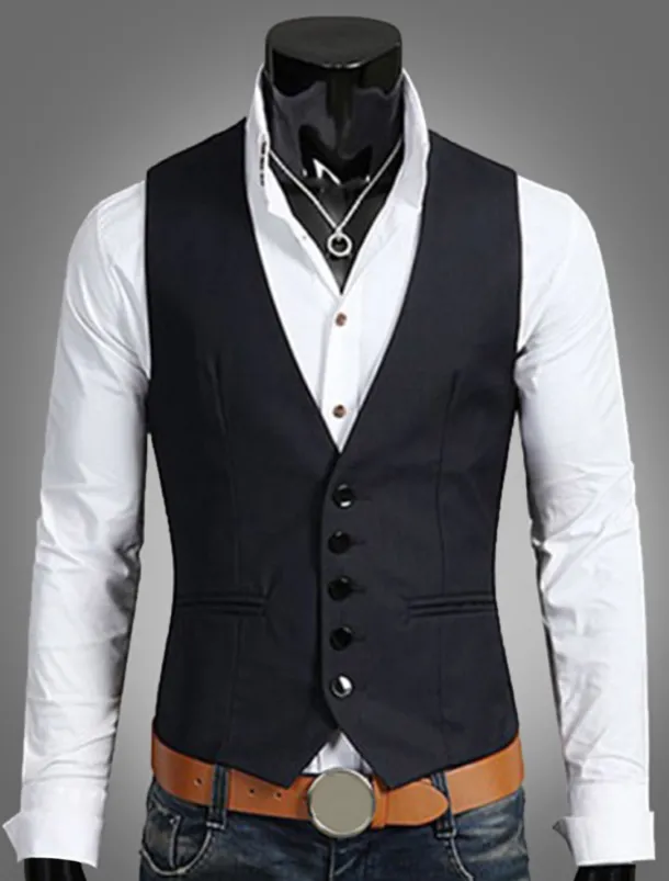 Men's Vest Waistcoat Wedding Work 1920s Smart Casual Polyester Solid Colored Slim Black Navy Blue Brown Vest