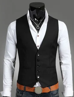 Men's Vest Waistcoat Wedding Work 1920s Smart Casual Polyester Solid Colored Slim Black Navy Blue Brown Vest