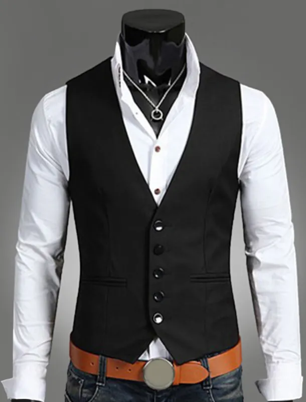 Men's Vest Waistcoat Wedding Work 1920s Smart Casual Polyester Solid Colored Slim Black Navy Blue Brown Vest