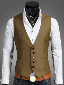 Men's Vest Waistcoat Wedding Work 1920s Smart Casual Polyester Solid Colored Slim Black Navy Blue Brown Vest