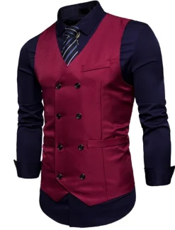 Men's Vest Waistcoat Wedding Work Business Casual Smart Casual Polyester Solid Colored V Neck Black White Wine Navy Blue Vest