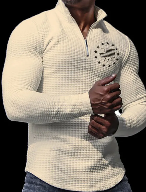 Men's Veterans Patriotic Waffle Polo Shirts Golf Polos Shirts Long Sleeve Polo Shirts Turndown Zip Business Outdoor Casual Daily Streetwear 3D Print Fall & Winter Black White Khaki