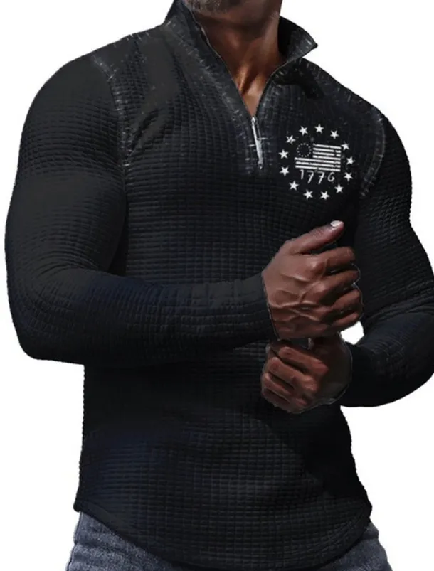 Men's Veterans Patriotic Waffle Polo Shirts Golf Polos Shirts Long Sleeve Polo Shirts Turndown Zip Business Outdoor Casual Daily Streetwear 3D Print Fall & Winter Black White Khaki