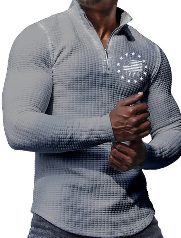 Men's Veterans Patriotic Waffle Polo Shirts Golf Polos Shirts Long Sleeve Polo Shirts Turndown Zip Business Outdoor Casual Daily Streetwear 3D Print Fall & Winter Black White Khaki