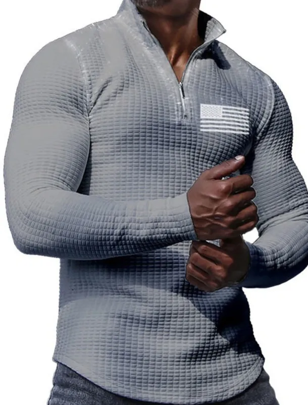 Men's Veterans Patriotic Waffle Polo Shirts Golf Polos Shirts Long Sleeve Polo Shirts Turndown Zip Business Outdoor Casual Daily Streetwear 3D Print Fall & Winter Black White Khaki