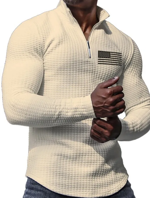 Men's Veterans Patriotic Waffle Polo Shirts Golf Polos Shirts Long Sleeve Polo Shirts Turndown Zip Business Outdoor Casual Daily Streetwear 3D Print Fall & Winter Black White Khaki
