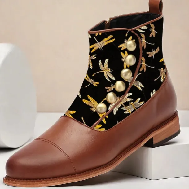 Men's Victorian Faux Leather Ankle Boots with Embroidered Dragonfly Jacquard Fabric and Gold Button Accents – Vintage-Inspired Dress Boots