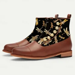 Men's Victorian Faux Leather Ankle Boots with Embroidered Dragonfly Jacquard Fabric and Gold Button Accents – Vintage-Inspired Dress Boots