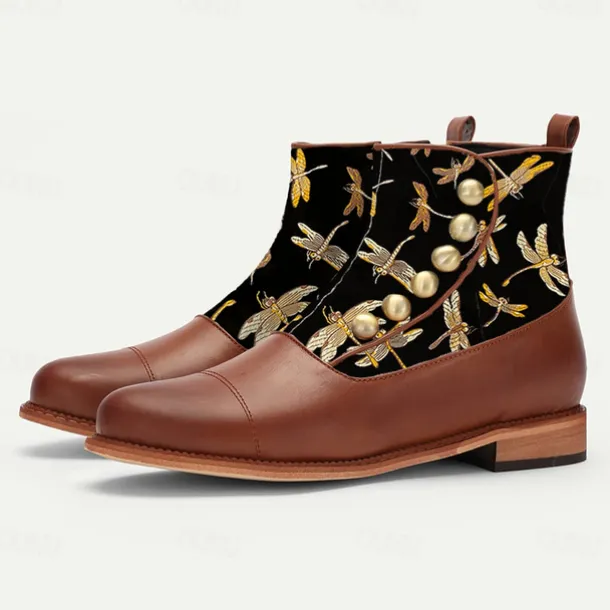 Men's Victorian Faux Leather Ankle Boots with Embroidered Dragonfly Jacquard Fabric and Gold Button Accents – Vintage-Inspired Dress Boots