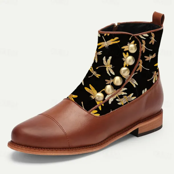 Men's Victorian Faux Leather Ankle Boots with Embroidered Dragonfly Jacquard Fabric and Gold Button Accents – Vintage-Inspired Dress Boots