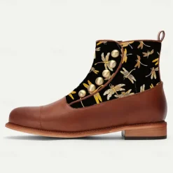 Men's Victorian Faux Leather Ankle Boots with Embroidered Dragonfly Jacquard Fabric and Gold Button Accents – Vintage-Inspired Dress Boots