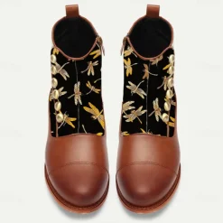 Men's Victorian Faux Leather Ankle Boots with Embroidered Dragonfly Jacquard Fabric and Gold Button Accents – Vintage-Inspired Dress Boots