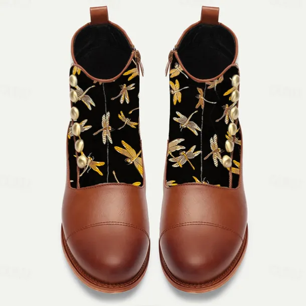 Men's Victorian Faux Leather Ankle Boots with Embroidered Dragonfly Jacquard Fabric and Gold Button Accents – Vintage-Inspired Dress Boots
