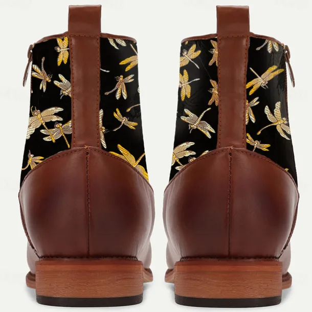 Men's Victorian Faux Leather Ankle Boots with Embroidered Dragonfly Jacquard Fabric and Gold Button Accents – Vintage-Inspired Dress Boots