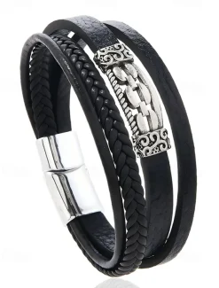 Men's Viking Style Faux Leather Multilayer Bracelet – Braided Design with Stainless Steel Charm, Adjustable Nordic Wristband for Casual and Formal Occasions