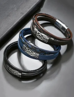 Men's Viking Style Faux Leather Multilayer Bracelet – Braided Design with Stainless Steel Charm, Adjustable Nordic Wristband for Casual and Formal Occasions