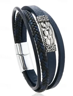 Men's Viking Style Faux Leather Multilayer Bracelet – Braided Design with Stainless Steel Charm, Adjustable Nordic Wristband for Casual and Formal Occasions