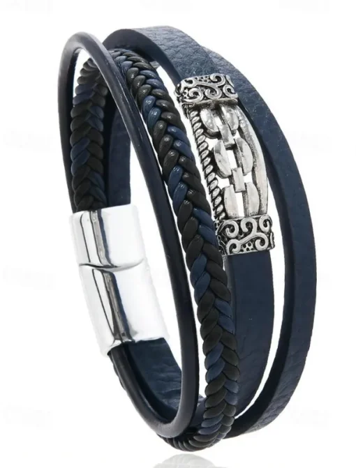 Men's Viking Style Faux Leather Multilayer Bracelet – Braided Design with Stainless Steel Charm, Adjustable Nordic Wristband for Casual and Formal Occasions