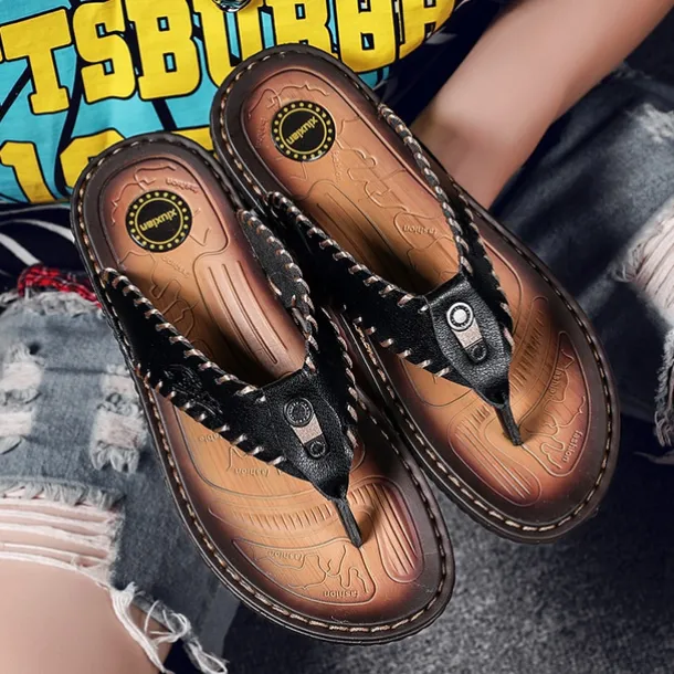 Men's Vintage Brown Faux Leather Flip Flops - Handmade Open-Toe Summer Sandals with Non-Slip Sole for Beach, Travel and Casual Wear