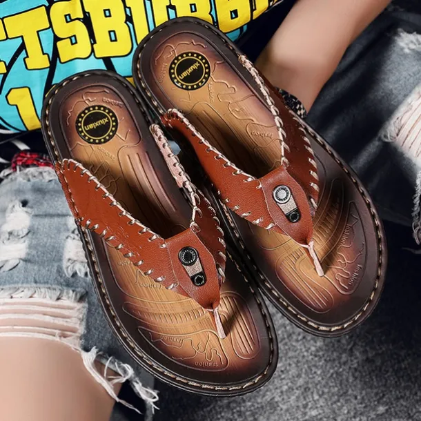 Men's Vintage Brown Faux Leather Flip Flops - Handmade Open-Toe Summer Sandals with Non-Slip Sole for Beach, Travel and Casual Wear