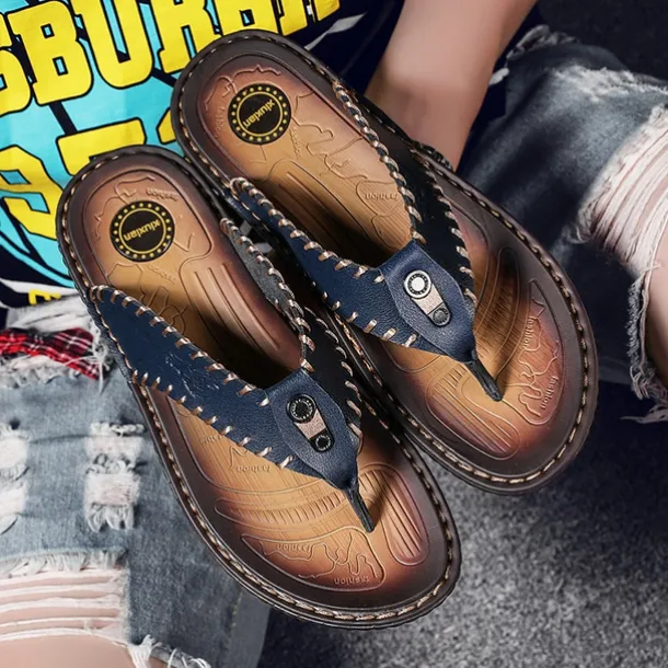 Men's Vintage Brown Faux Leather Flip Flops - Handmade Open-Toe Summer Sandals with Non-Slip Sole for Beach, Travel and Casual Wear