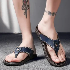 Men's Vintage Brown Faux Leather Flip Flops - Handmade Open-Toe Summer Sandals with Non-Slip Sole for Beach, Travel and Casual Wear