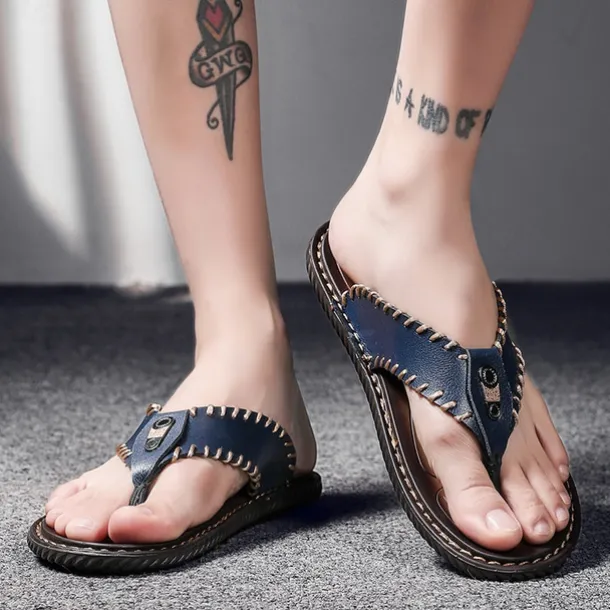 Men's Vintage Brown Faux Leather Flip Flops - Handmade Open-Toe Summer Sandals with Non-Slip Sole for Beach, Travel and Casual Wear