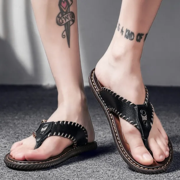 Men's Vintage Brown Faux Leather Flip Flops - Handmade Open-Toe Summer Sandals with Non-Slip Sole for Beach, Travel and Casual Wear