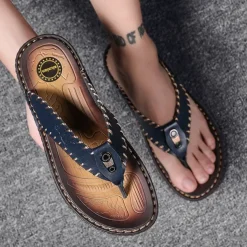 Men's Vintage Brown Faux Leather Flip Flops - Handmade Open-Toe Summer Sandals with Non-Slip Sole for Beach, Travel and Casual Wear