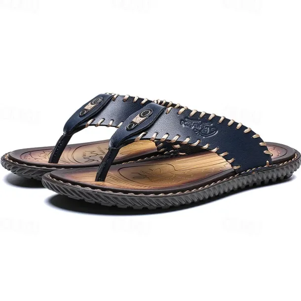 Men's Vintage Brown Faux Leather Flip Flops - Handmade Open-Toe Summer Sandals with Non-Slip Sole for Beach, Travel and Casual Wear