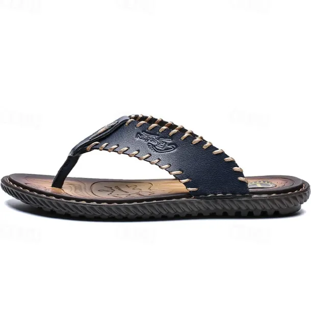Men's Vintage Brown Faux Leather Flip Flops - Handmade Open-Toe Summer Sandals with Non-Slip Sole for Beach, Travel and Casual Wear