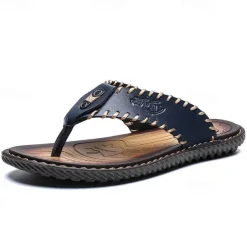 Men's Vintage Brown Faux Leather Flip Flops - Handmade Open-Toe Summer Sandals with Non-Slip Sole for Beach, Travel and Casual Wear