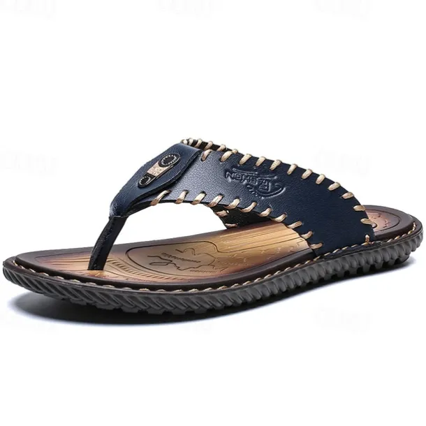Men's Vintage Brown Faux Leather Flip Flops - Handmade Open-Toe Summer Sandals with Non-Slip Sole for Beach, Travel and Casual Wear
