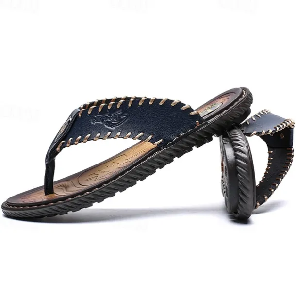 Men's Vintage Brown Faux Leather Flip Flops - Handmade Open-Toe Summer Sandals with Non-Slip Sole for Beach, Travel and Casual Wear