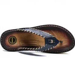 Men's Vintage Brown Faux Leather Flip Flops - Handmade Open-Toe Summer Sandals with Non-Slip Sole for Beach, Travel and Casual Wear